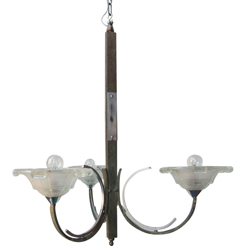 French vintage chandelier in steel and glass 1930