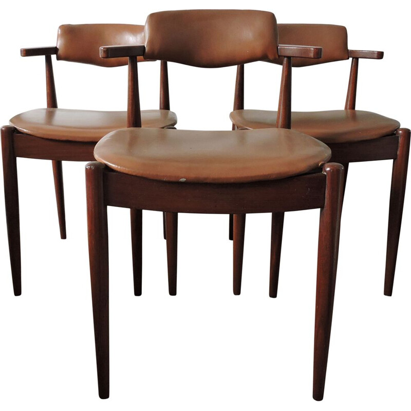 Set of 3 chairs in teak and brown leatherette