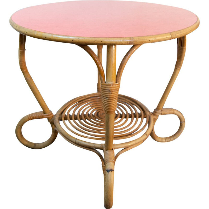 Table basse vintage en rotin et formica rouge - 1960