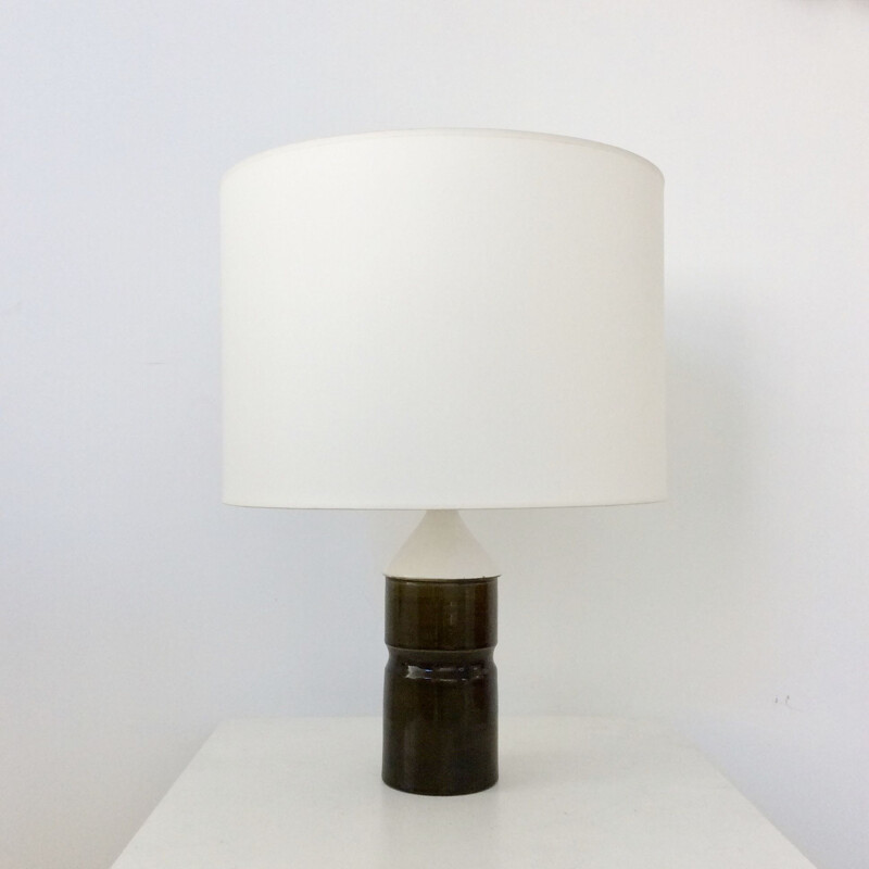 French vintage lamp in green ceramic and white fabric 1970