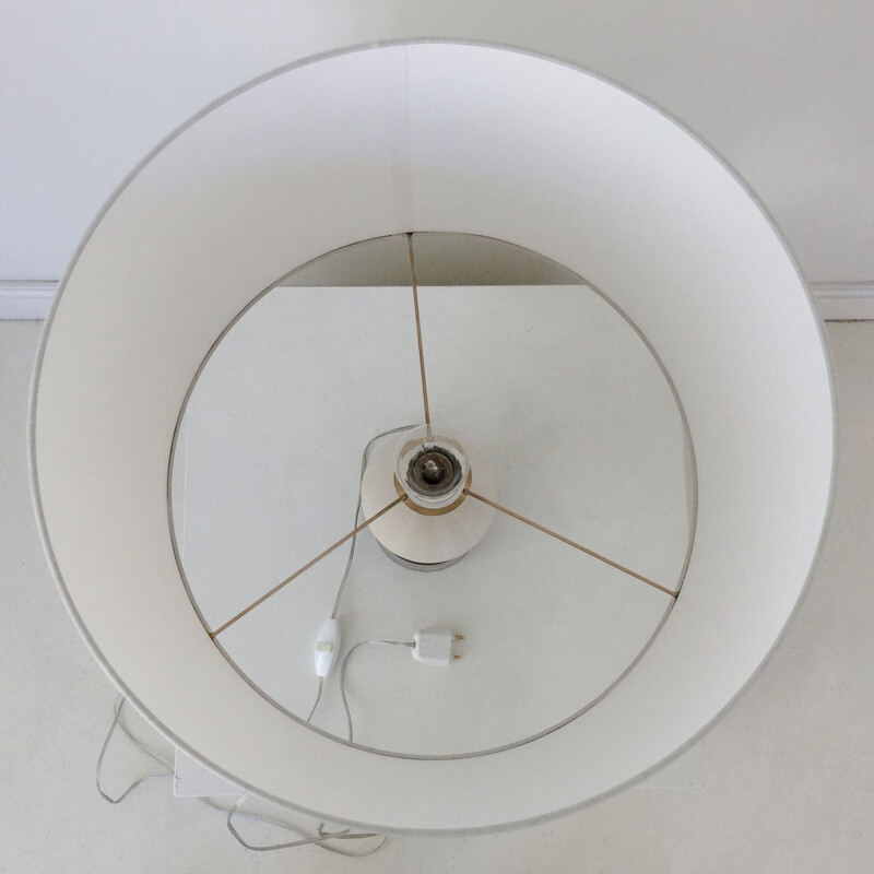 Lampe vintage française en céramique verte et tissu blanc 1970