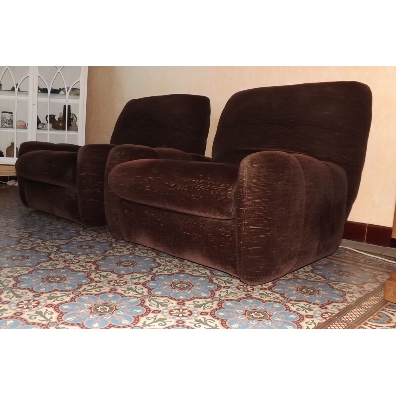 Paire de fauteuils vintage français en velours marron 1970