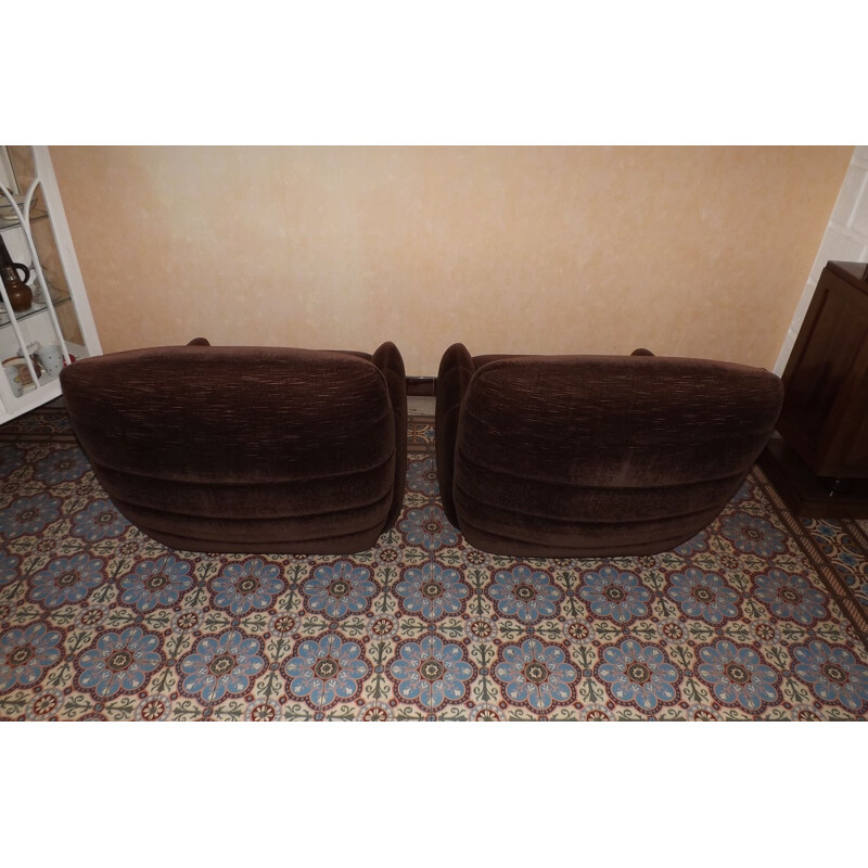 Pair of french vintage armchairs in brown velvet 1970