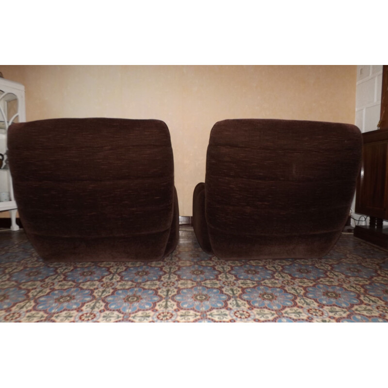 Paire de fauteuils vintage français en velours marron 1970