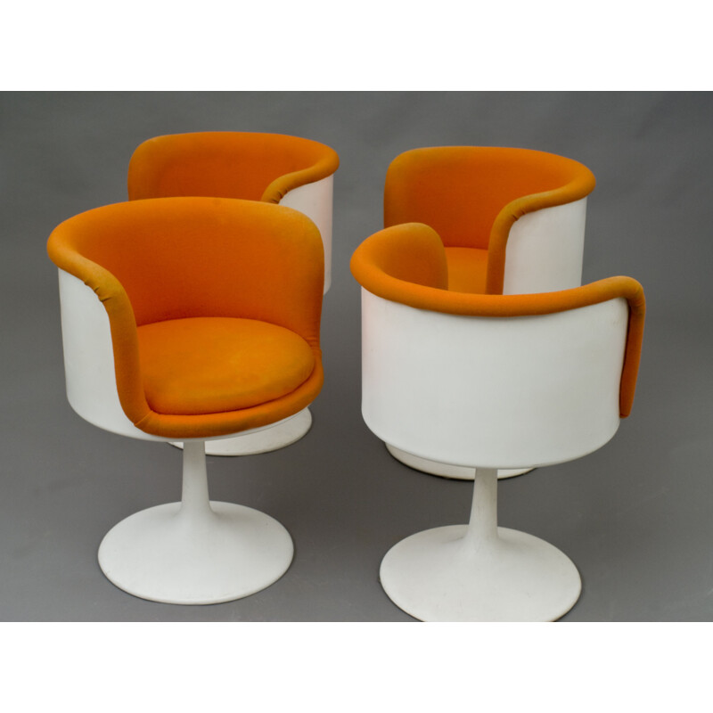 Set of 4 vintage swivel chairs for Formica in orange fabric and fiberglass 1970