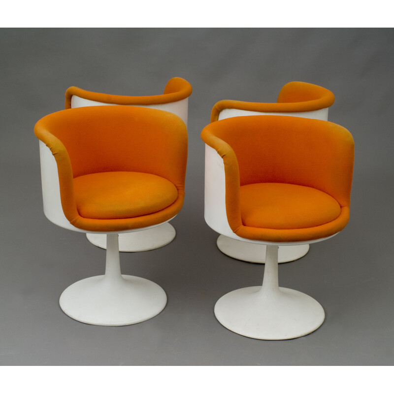 Ensemble de 4 fauteuils vintage pivotants pour Formica en tissu orange et fibre de verre 1970