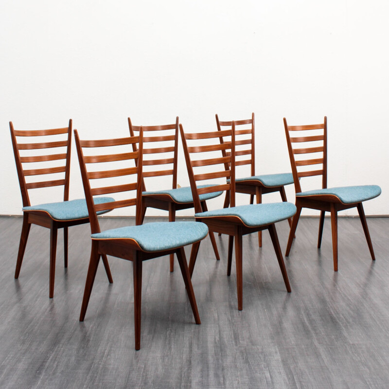 Set of 6 scandinavian dining chairs in teak & blue fabric - 1960s