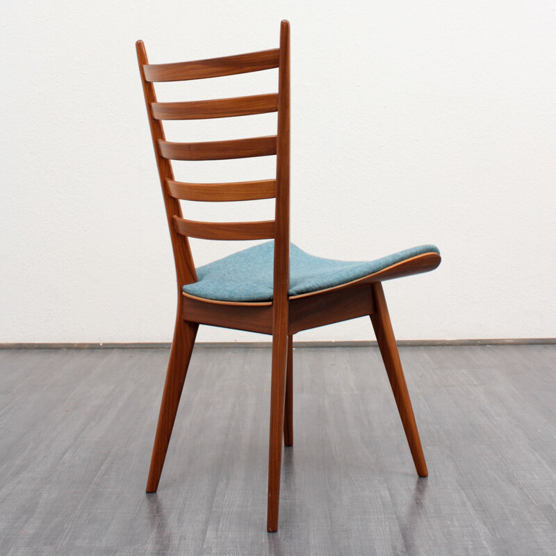 Set of 6 scandinavian dining chairs in teak & blue fabric - 1960s