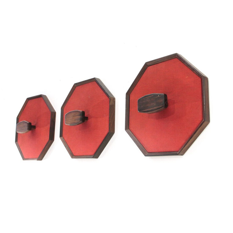 Set of 3 vintage coat racks in wood and fabric 1960