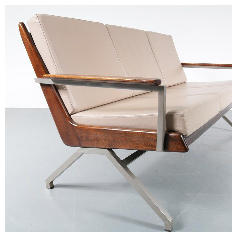 Canapé vintage néerlandais pour Gelderland en cuir beige et bois 1960