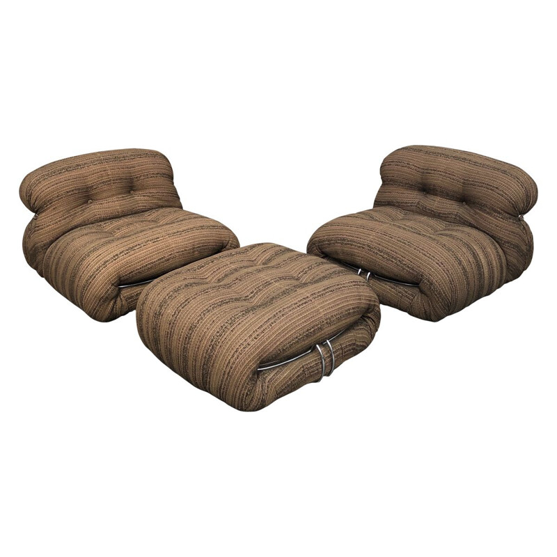 Vintage lounge set for Cassina in brown fabric and aluminium 1970