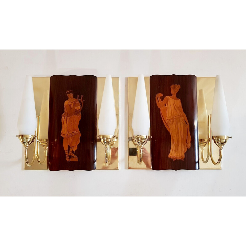 Pair of vintage brass and teak wall lamps by Andrea Gusmai, Italy 1950