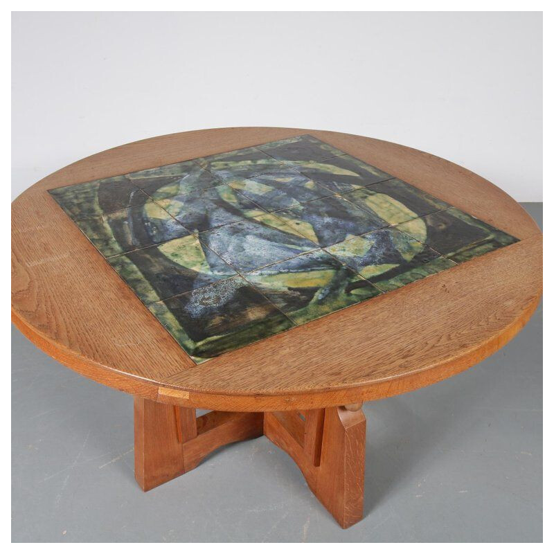 Vintage Ladislas coffee table by Guillerme and Chambron in ceramics and oak 1950