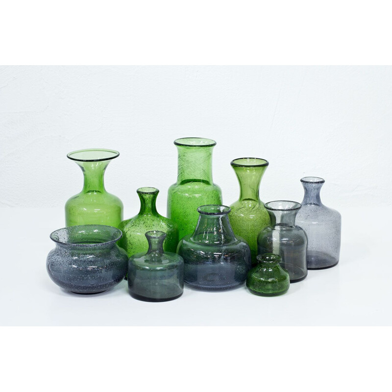 Set of 10 vintage Vases in Glass by Erik Höglund for Boda Sweden 1950s