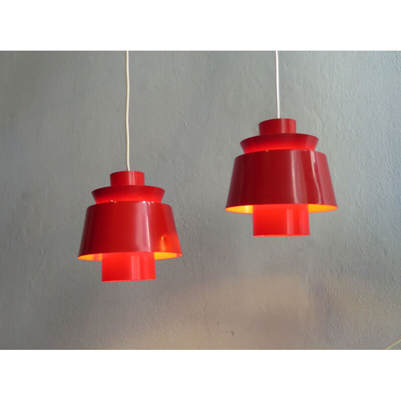 Set of 2 vintage hanging lamps red lacquered metal 1970s