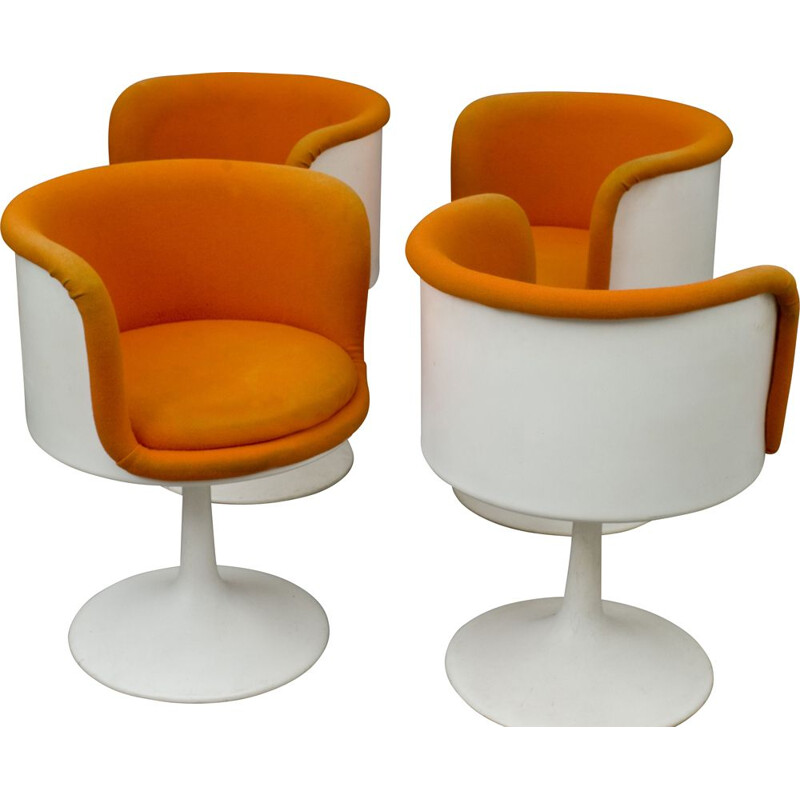 Ensemble de 4 fauteuils vintage pivotants pour Formica en tissu orange et fibre de verre 1970