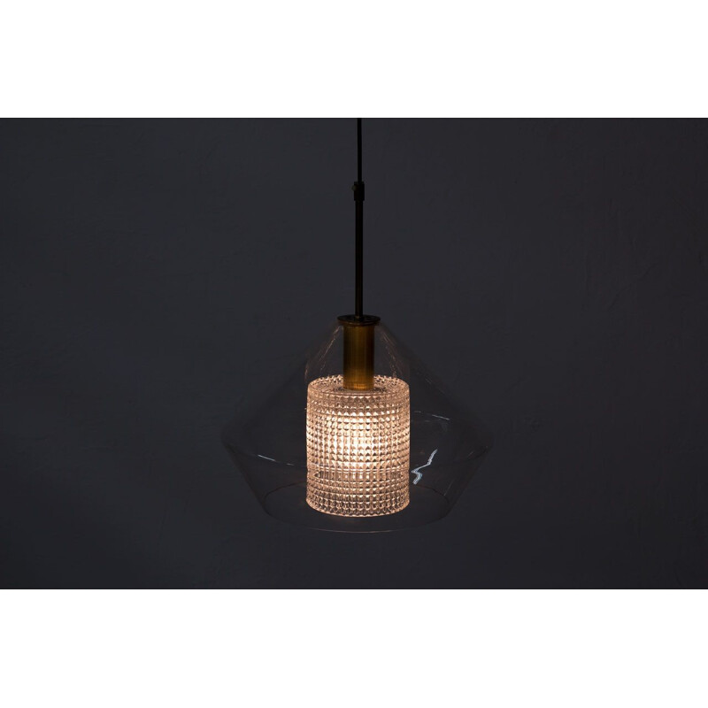 Vintage glass and brass pendant lamp by Carl Fagerlund for Orrefors, Sweden 1960