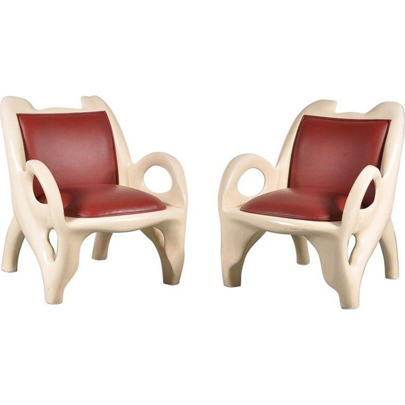 Pair of vintage armchairs in red leather and wood 1970