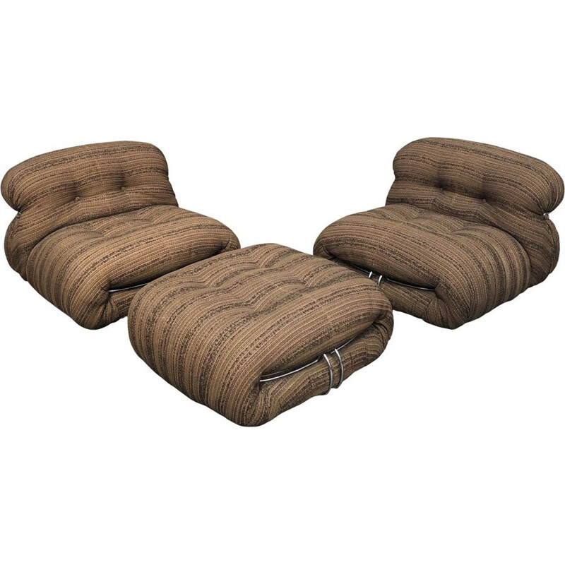 Vintage lounge set for Cassina in brown fabric and aluminium 1970