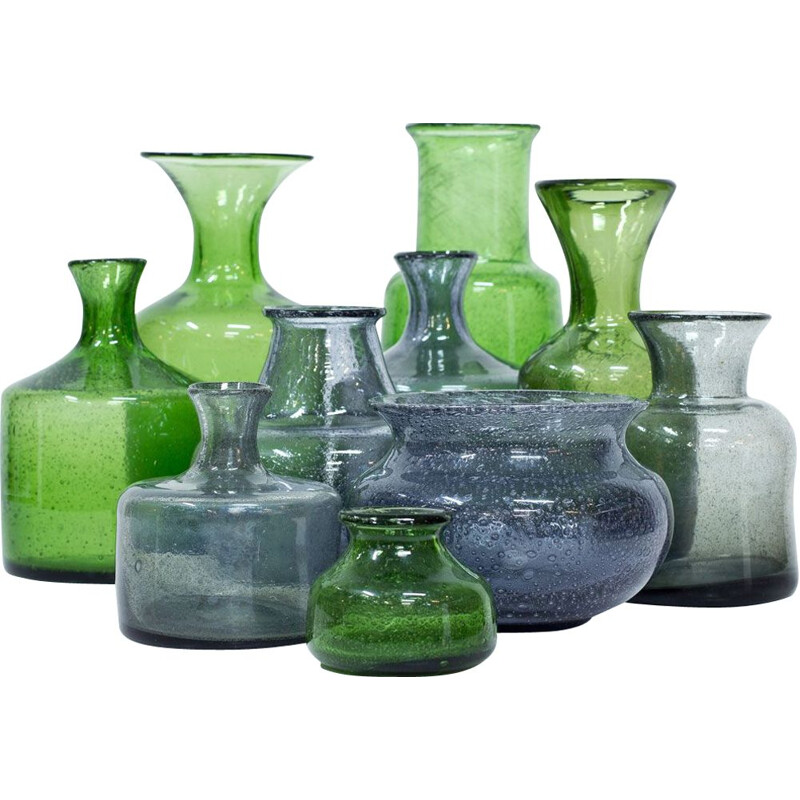 Set of 10 vintage Vases in Glass by Erik Höglund for Boda Sweden 1950s