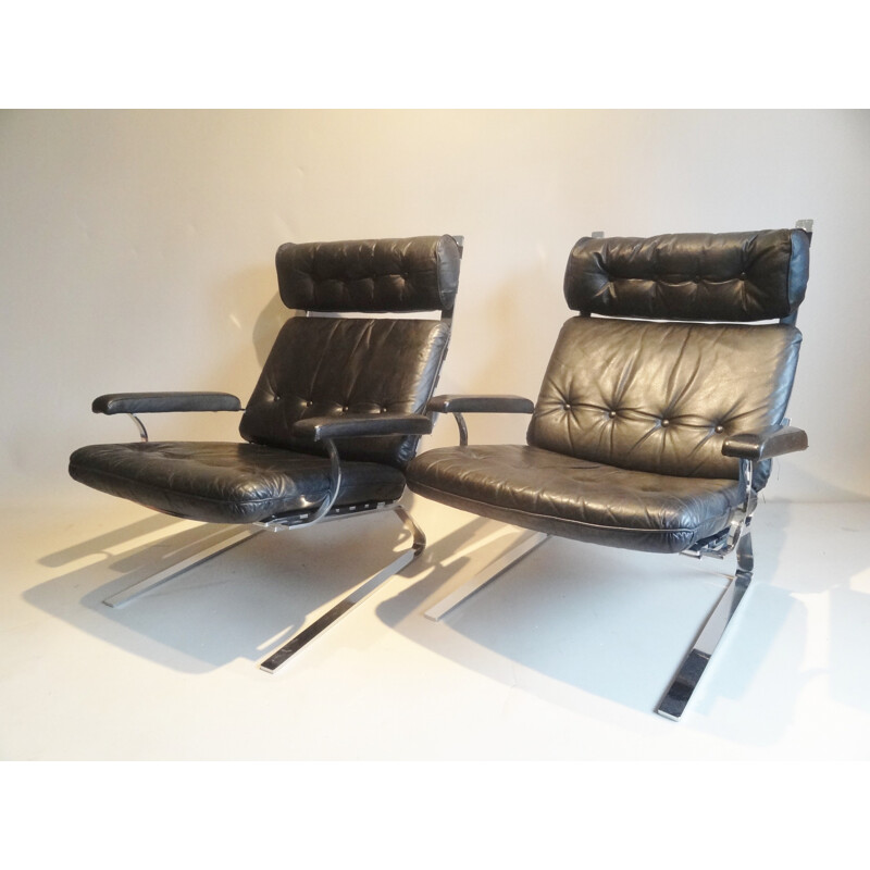 Large lounge armchair in leather and steel, Olivier MOURGUE - 1970s