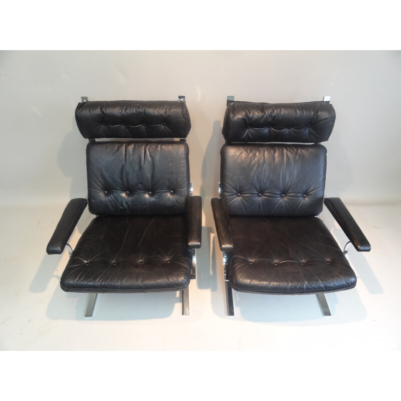 Large lounge armchair in leather and steel, Olivier MOURGUE - 1970s