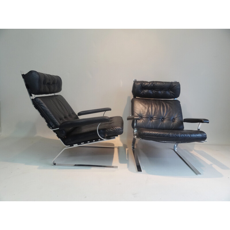 Large lounge armchair in leather and steel, Olivier MOURGUE - 1970s