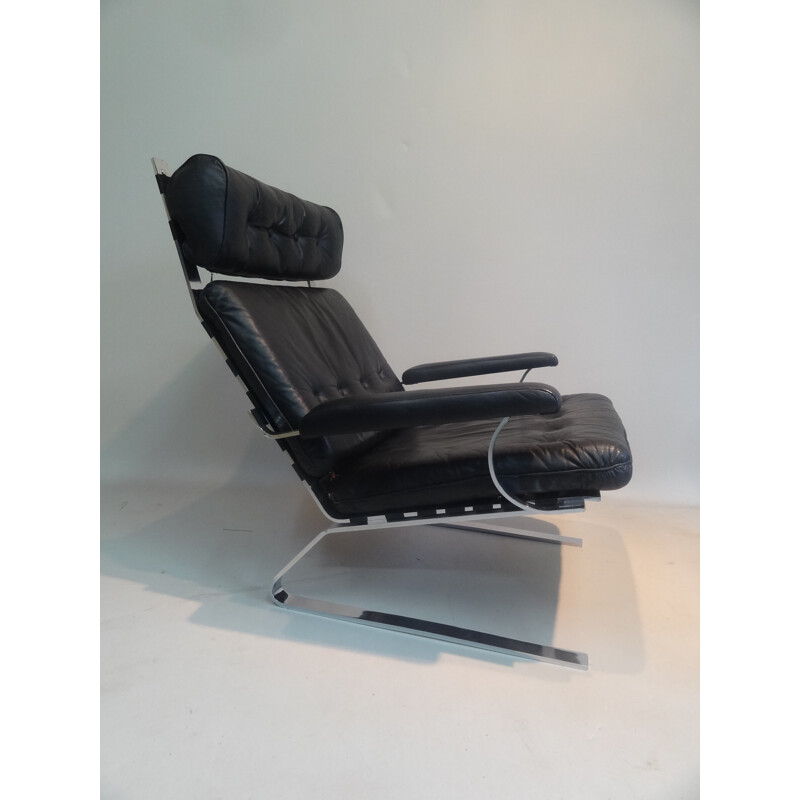 Large lounge armchair in leather and steel, Olivier MOURGUE - 1970s