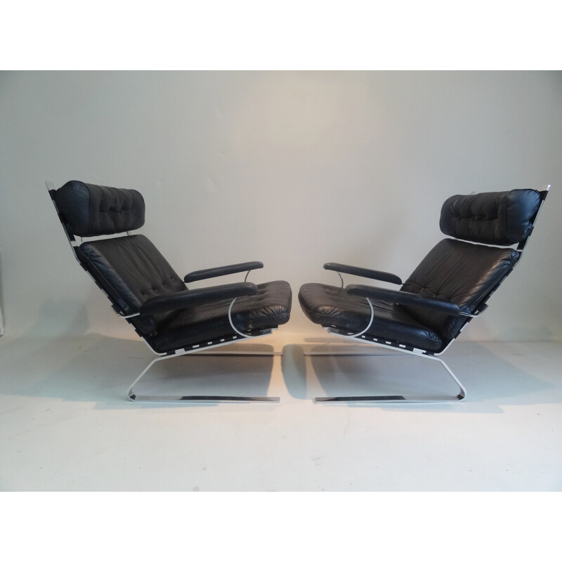 Large lounge armchair in leather and steel, Olivier MOURGUE - 1970s