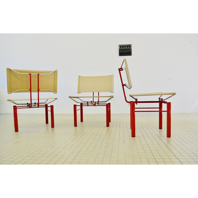 Set of 2 vintage 8600 armchairs and 1 side chair in beige fabric and red aluminium