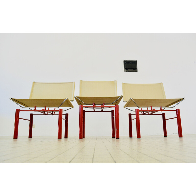 Set of 2 vintage 8600 armchairs and 1 side chair in beige fabric and red aluminium