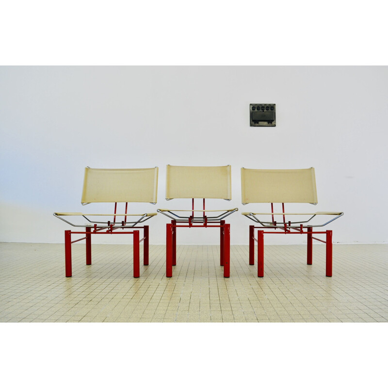 Set of 2 vintage 8600 armchairs and 1 side chair in beige fabric and red aluminium