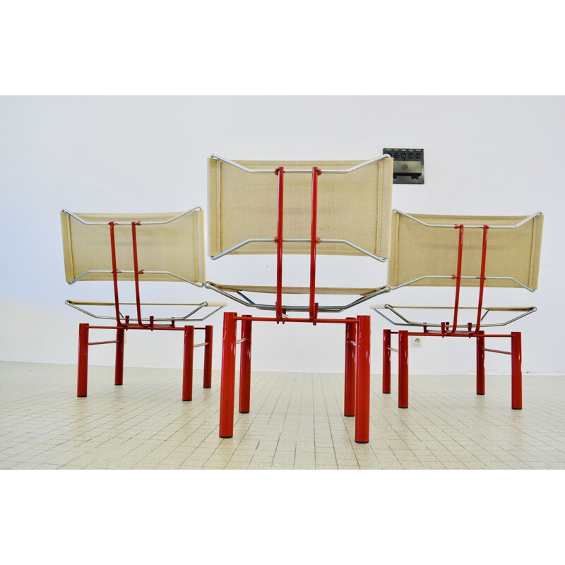 Set of 2 vintage 8600 armchairs and 1 side chair in beige fabric and red aluminium