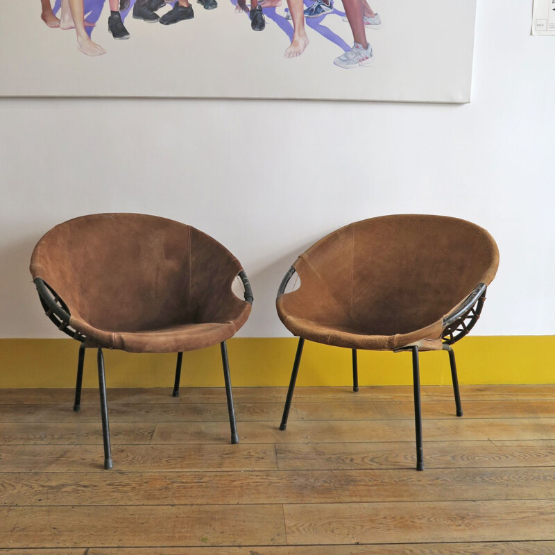 Pair of vintage armchairs by Lusch Erzeugnis in suede and metal 1960