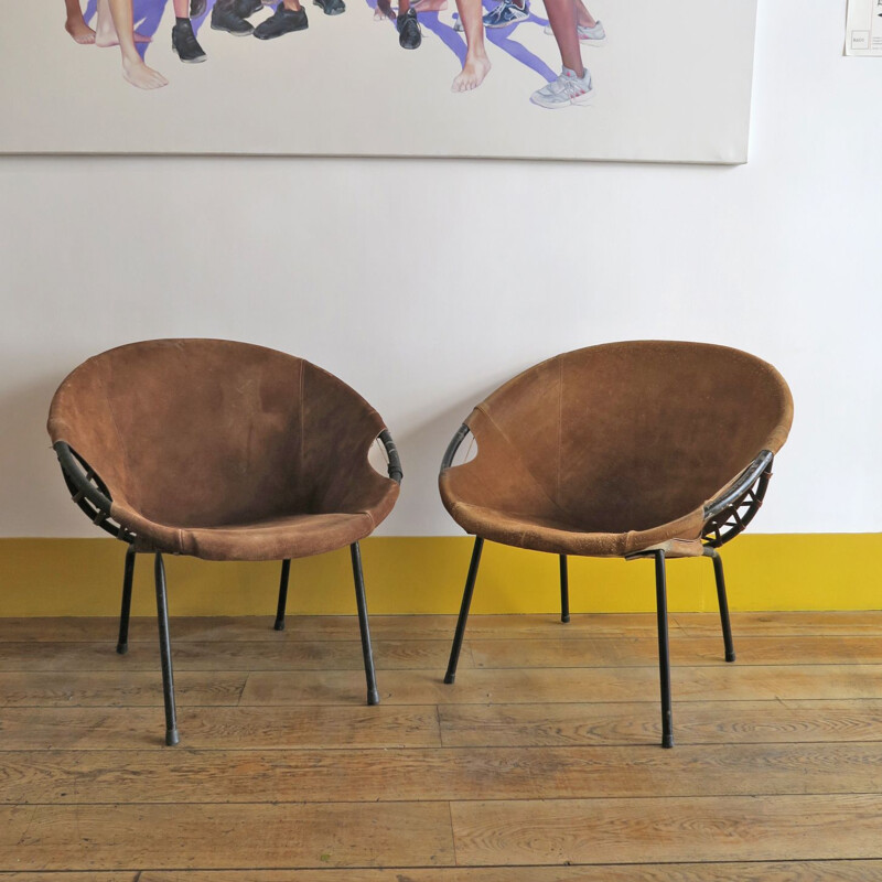 Paire de fauteuils vintage par Lusch Erzeugnis en daim et métal 1960