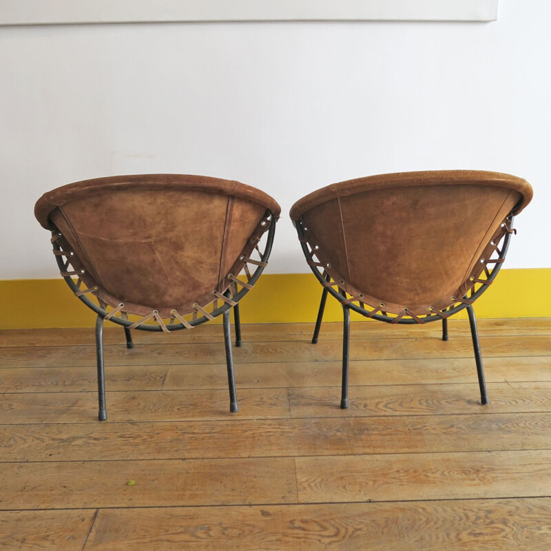 Pair of vintage armchairs by Lusch Erzeugnis in suede and metal 1960