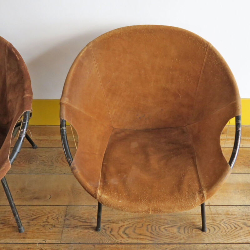 Pair of vintage armchairs by Lusch Erzeugnis in suede and metal 1960