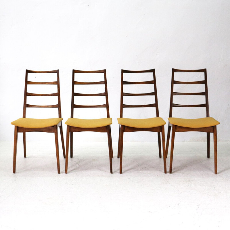 Set of 4 vintage german chairs in wood and yellow fabric 1960