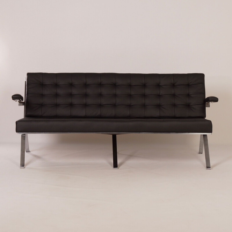 Vintage 3 seater black leather sofa model 1042 by Artimeta