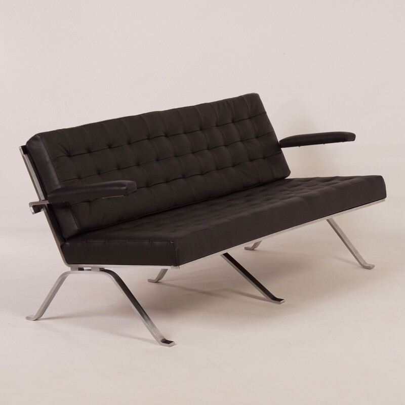 Vintage 3 seater black leather sofa model 1042 by Artimeta