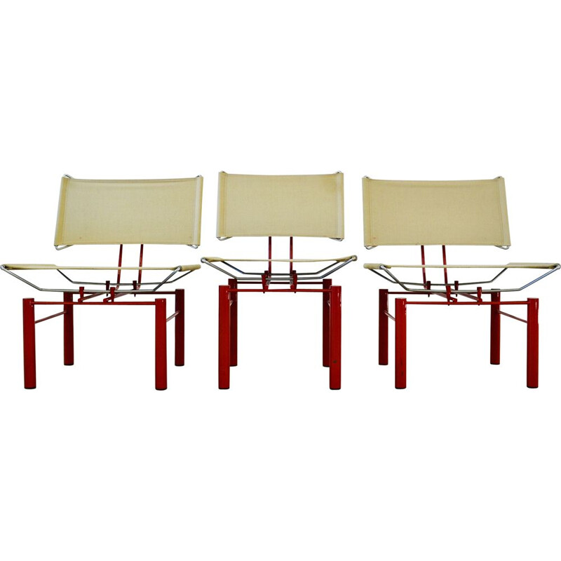 Set of 2 vintage 8600 armchairs and 1 side chair in beige fabric and red aluminium