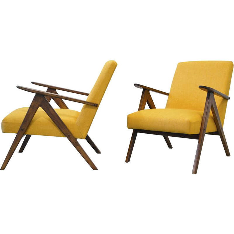 Paire de fauteuils vintage VAR B-310 pour Fabryki Mebli Gietych Radomsko en tissu jaune 1950