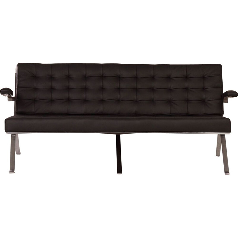 Vintage 3 seater black leather sofa model 1042 by Artimeta