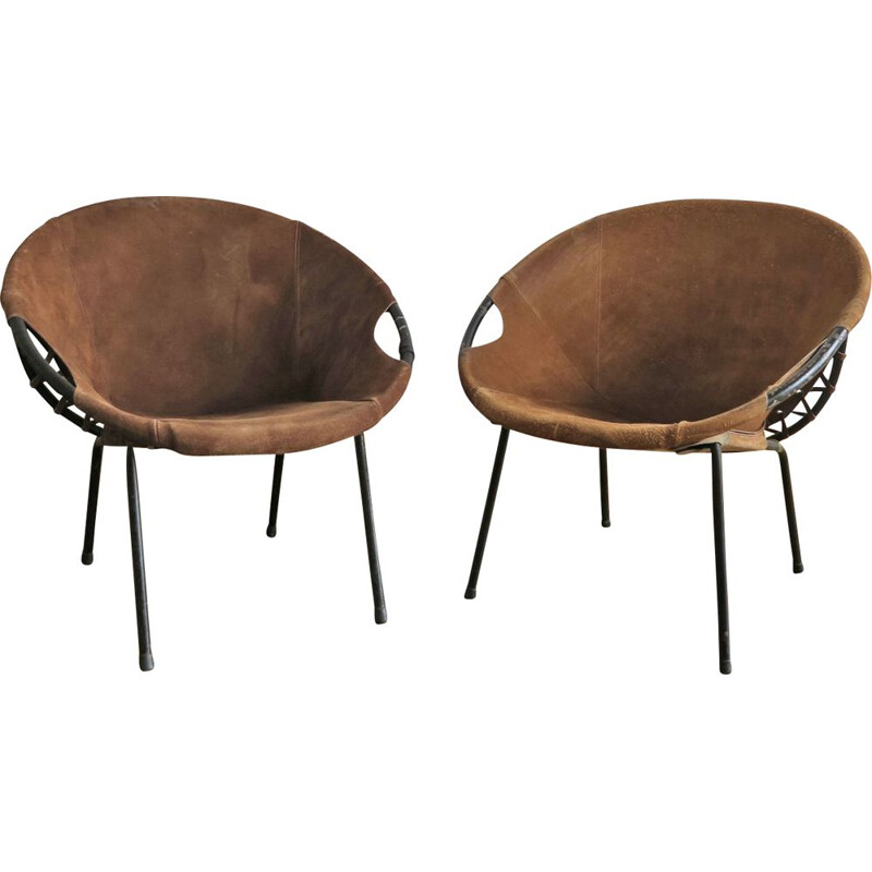 Pair of vintage armchairs by Lusch Erzeugnis in suede and metal 1960