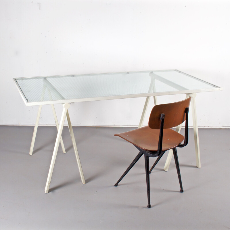 Vintage Italian table by Rodney Kinsman in white metal and glass 1970