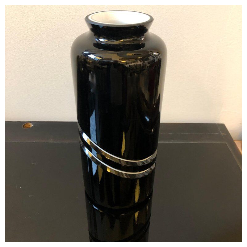 Vintage black and white glass vase by De Majo, Italy 1970