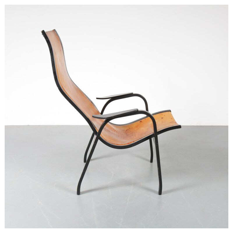 Vintage armchair by Yngve Ekstrom Kurva in leather 1953