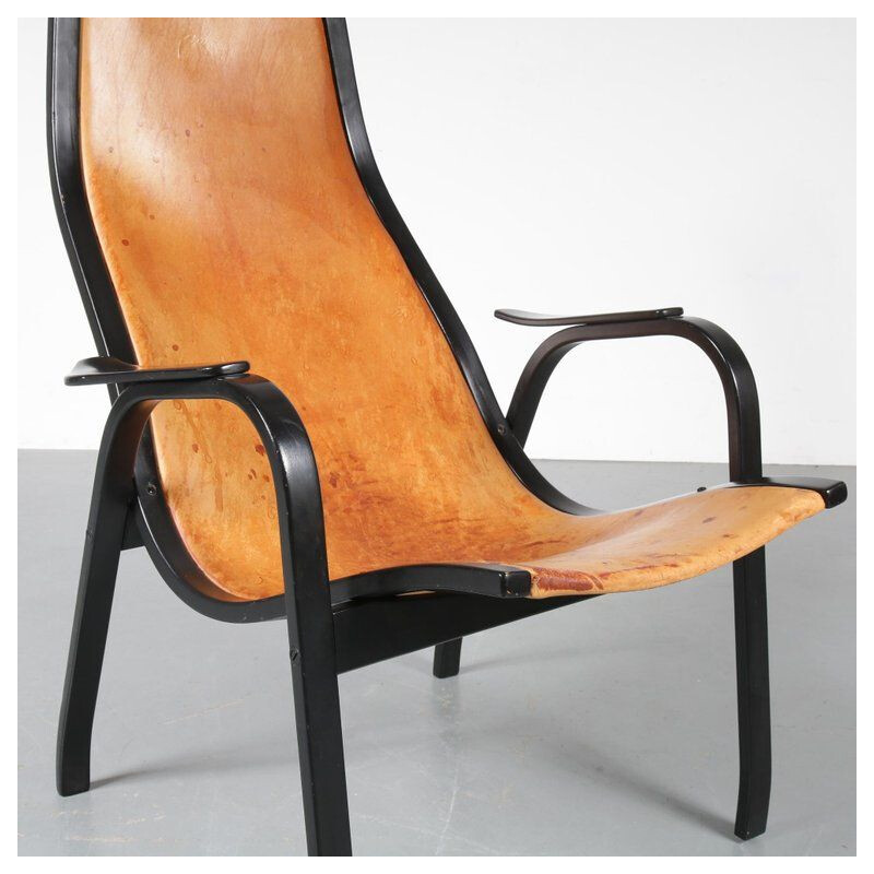 Vintage armchair by Yngve Ekstrom Kurva in leather 1953