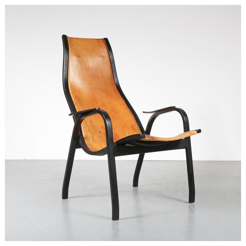 Vintage armchair by Yngve Ekstrom Kurva in leather 1953