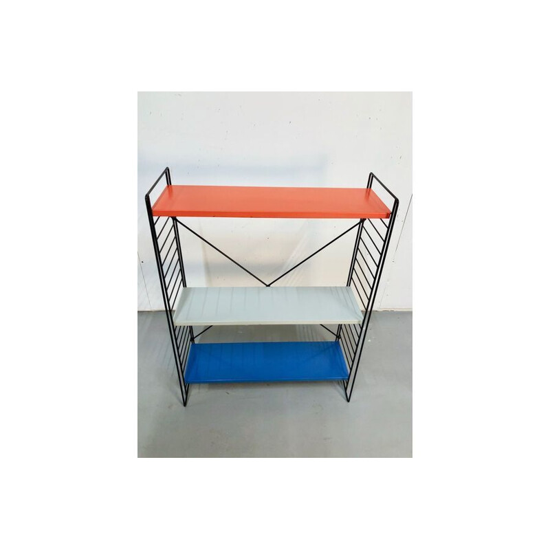 Etagere murale vintage par A. D. Dekker pour Tomado en métal rouge gris et bleu 1960